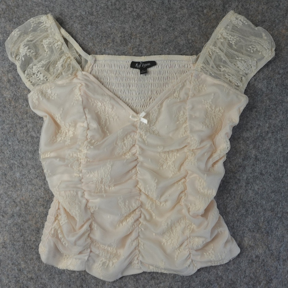 Y2K‎ Self Esteem Babydoll Lace Top Womens L Cream Ruched Mesh Bow Coquette Fairy